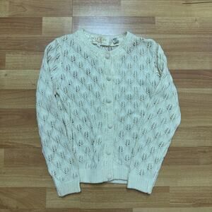 Women's Vintage 80's Millay Japan White Pointelle Knit Cardigan Sweater Sz Small